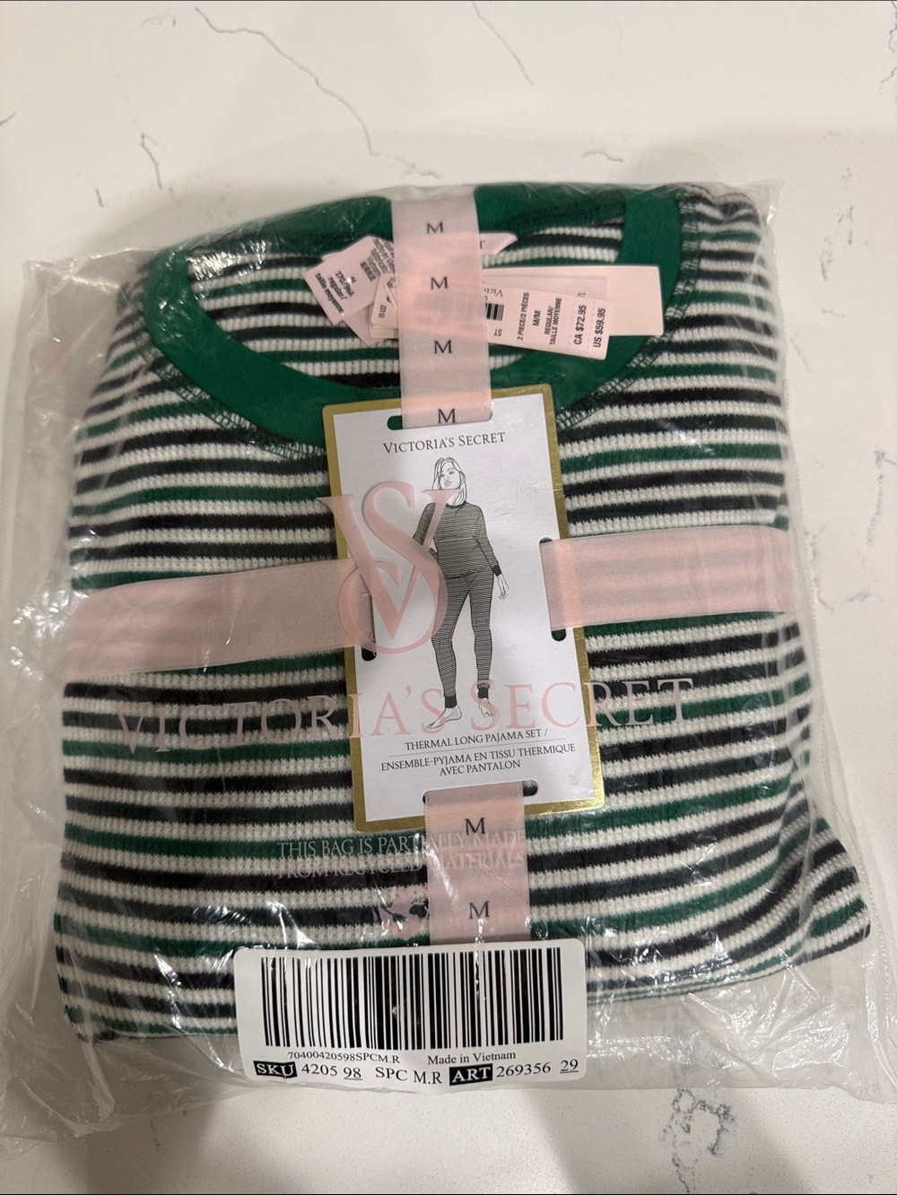 Victoria's Secret women Crewneck Thermal Top - Green & White Stripes